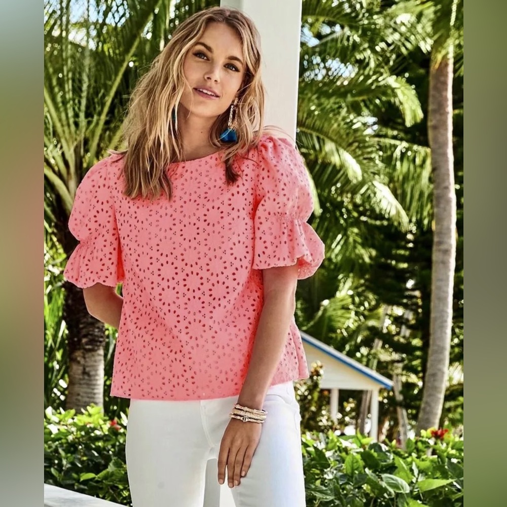 Lilly Pulitzer XXS XS Shaila Puff Sleeve Eyelet Blouse Top Bright Neon Pink‎ - Picture 10 of 14